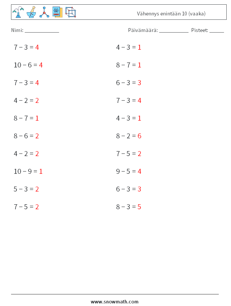 (20) Vähennys enintään 10 (vaaka) Matematiikan laskentataulukot 3 Kysymys, vastaus