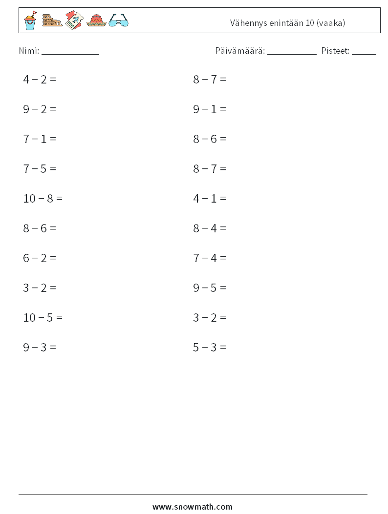 (20) Vähennys enintään 10 (vaaka) Matematiikan laskentataulukot 6