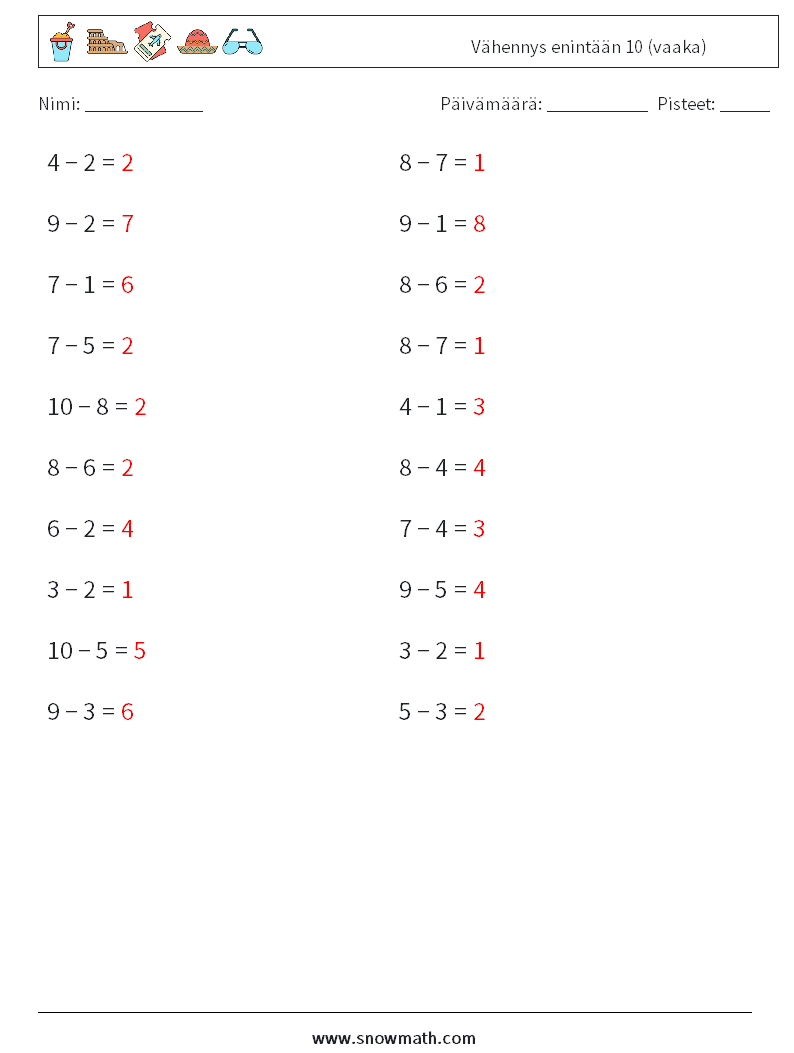 (20) Vähennys enintään 10 (vaaka) Matematiikan laskentataulukot 6 Kysymys, vastaus