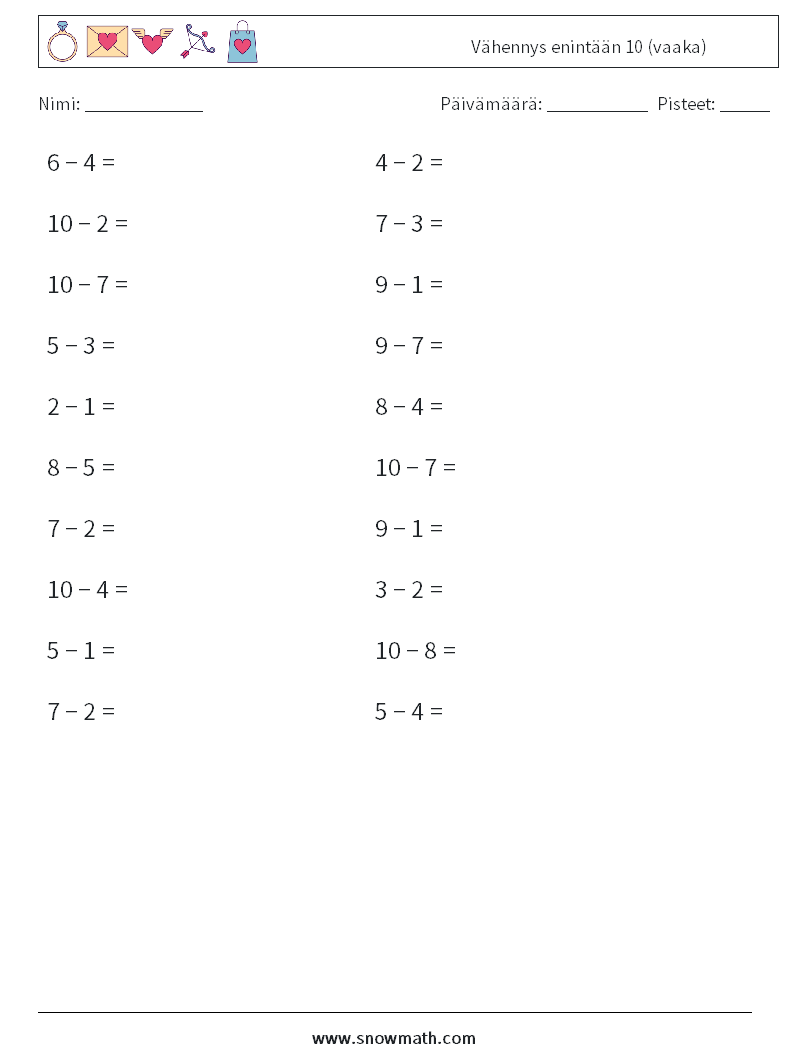 (20) Vähennys enintään 10 (vaaka) Matematiikan laskentataulukot 7