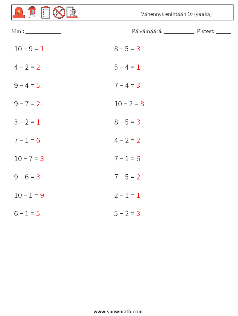 (20) Vähennys enintään 10 (vaaka) Matematiikan laskentataulukot 8 Kysymys, vastaus
