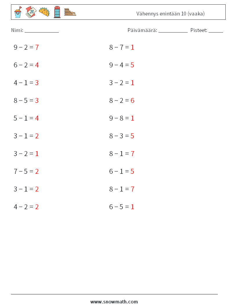 (20) Vähennys enintään 10 (vaaka) Matematiikan laskentataulukot 9 Kysymys, vastaus