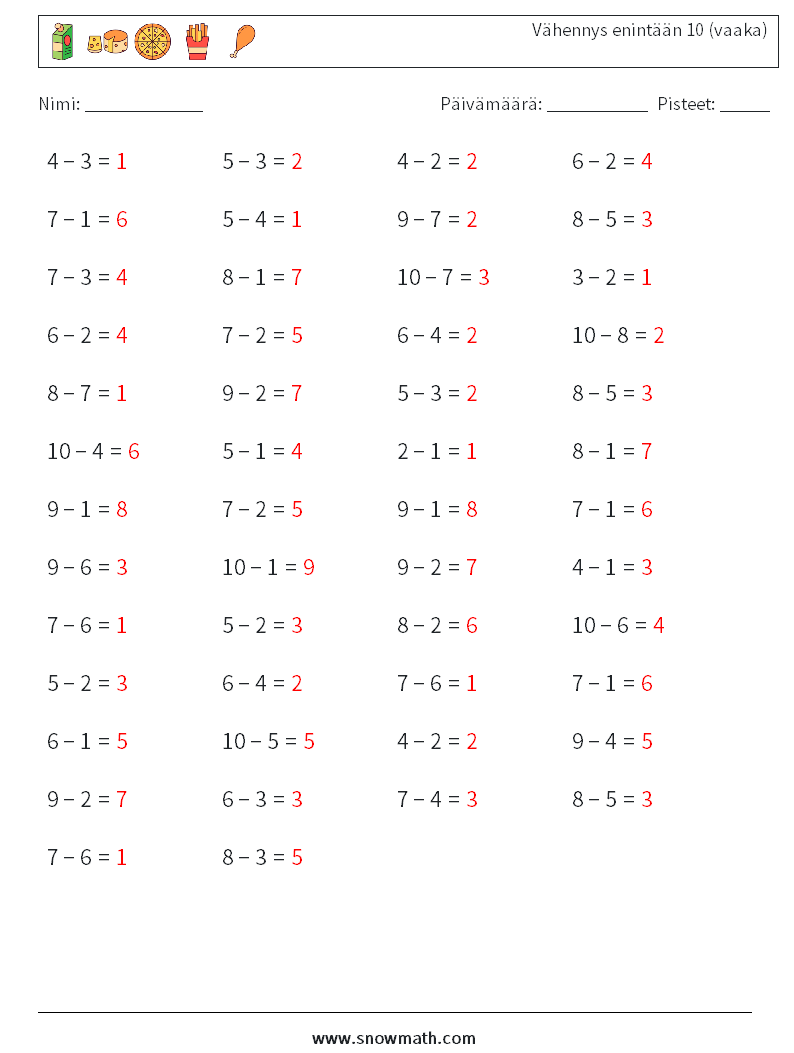 (50) Vähennys enintään 10 (vaaka) Matematiikan laskentataulukot 2 Kysymys, vastaus