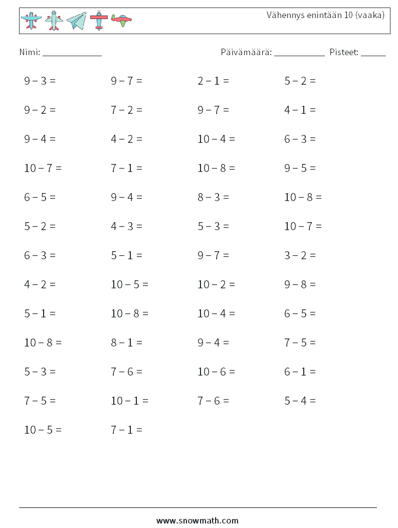 (50) Vähennys enintään 10 (vaaka) Matematiikan laskentataulukot 4