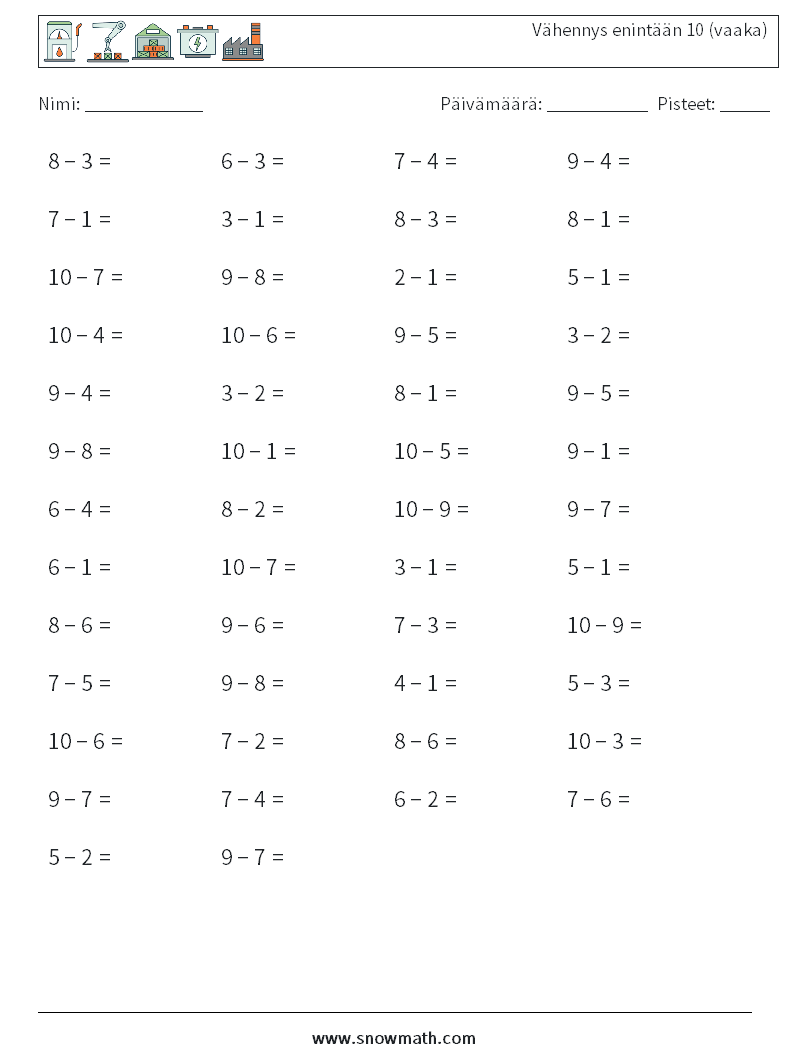 (50) Vähennys enintään 10 (vaaka) Matematiikan laskentataulukot 5