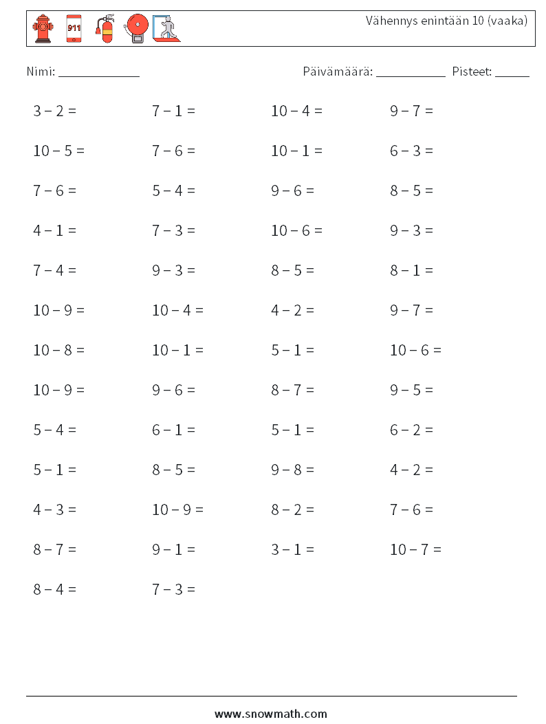 (50) Vähennys enintään 10 (vaaka) Matematiikan laskentataulukot 7