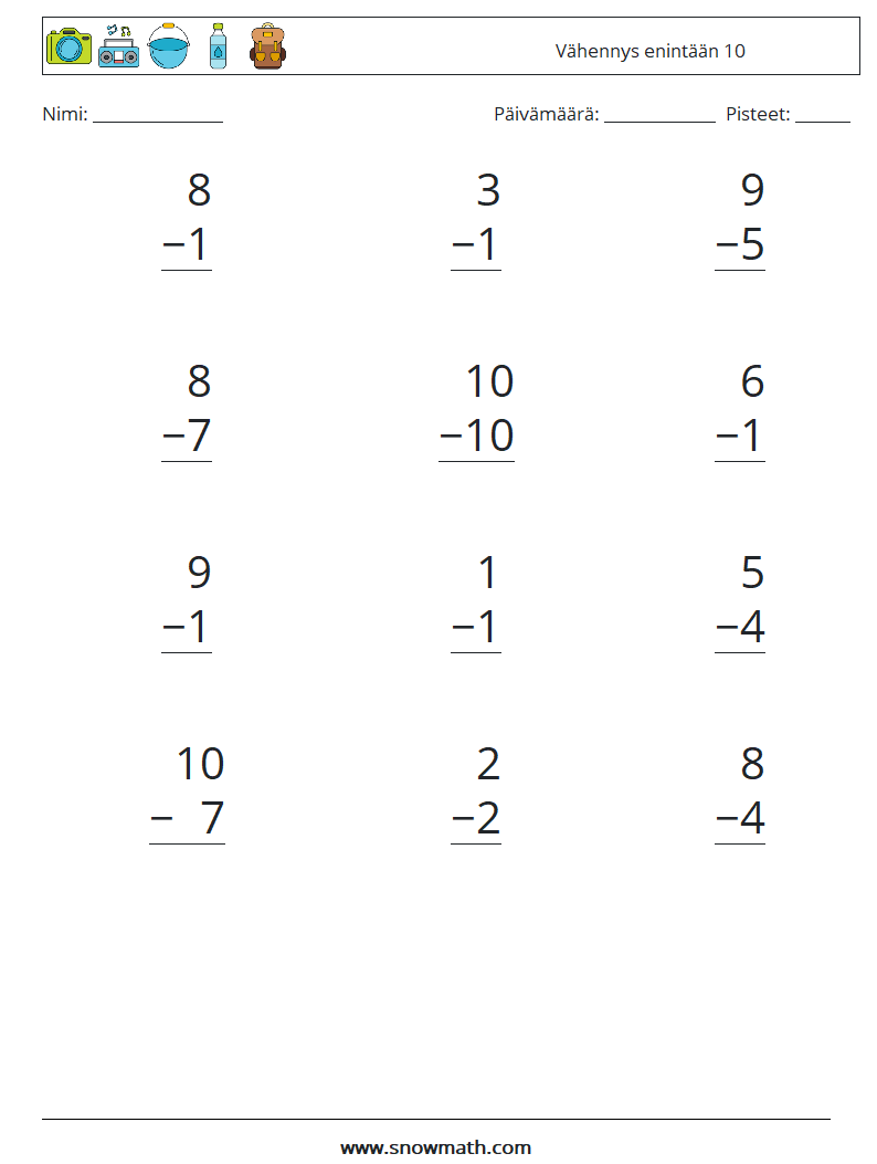 (12) Vähennys enintään 10 Matematiikan laskentataulukot 1