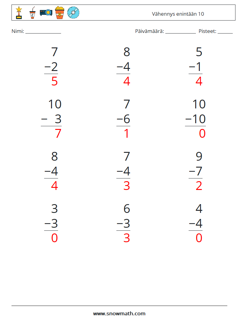 (12) Vähennys enintään 10 Matematiikan laskentataulukot 2 Kysymys, vastaus