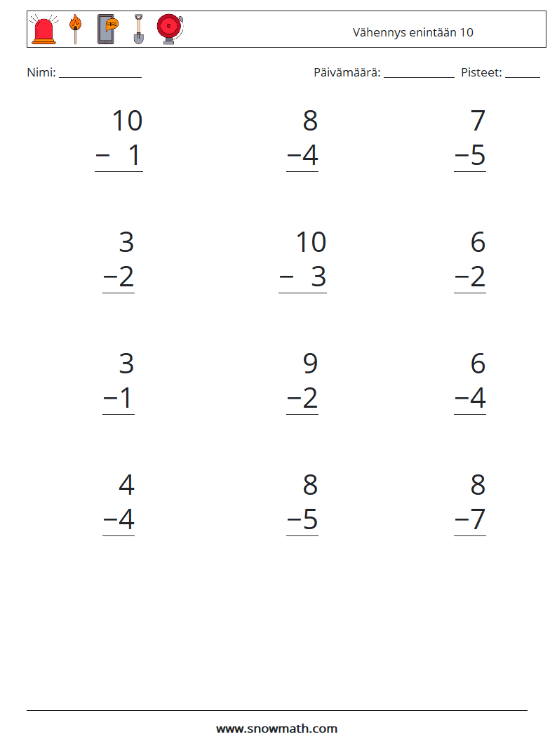 (12) Vähennys enintään 10 Matematiikan laskentataulukot 3