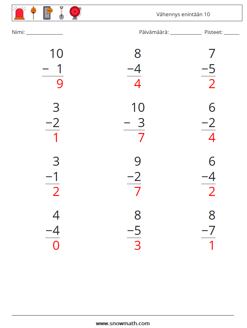 (12) Vähennys enintään 10 Matematiikan laskentataulukot 3 Kysymys, vastaus