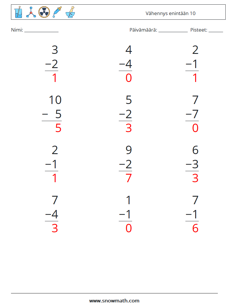 (12) Vähennys enintään 10 Matematiikan laskentataulukot 4 Kysymys, vastaus