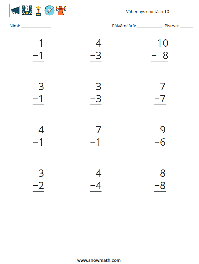 (12) Vähennys enintään 10 Matematiikan laskentataulukot 5