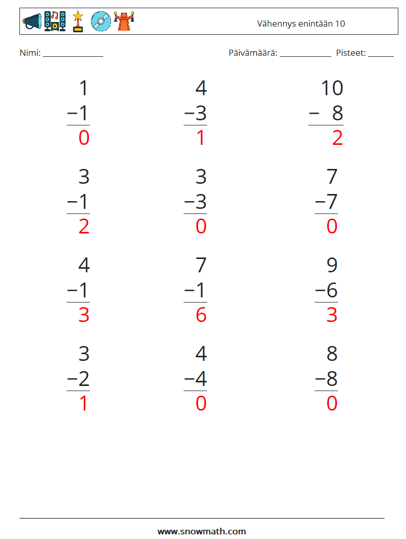 (12) Vähennys enintään 10 Matematiikan laskentataulukot 5 Kysymys, vastaus
