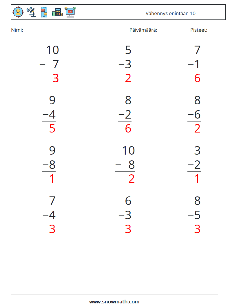 (12) Vähennys enintään 10 Matematiikan laskentataulukot 6 Kysymys, vastaus
