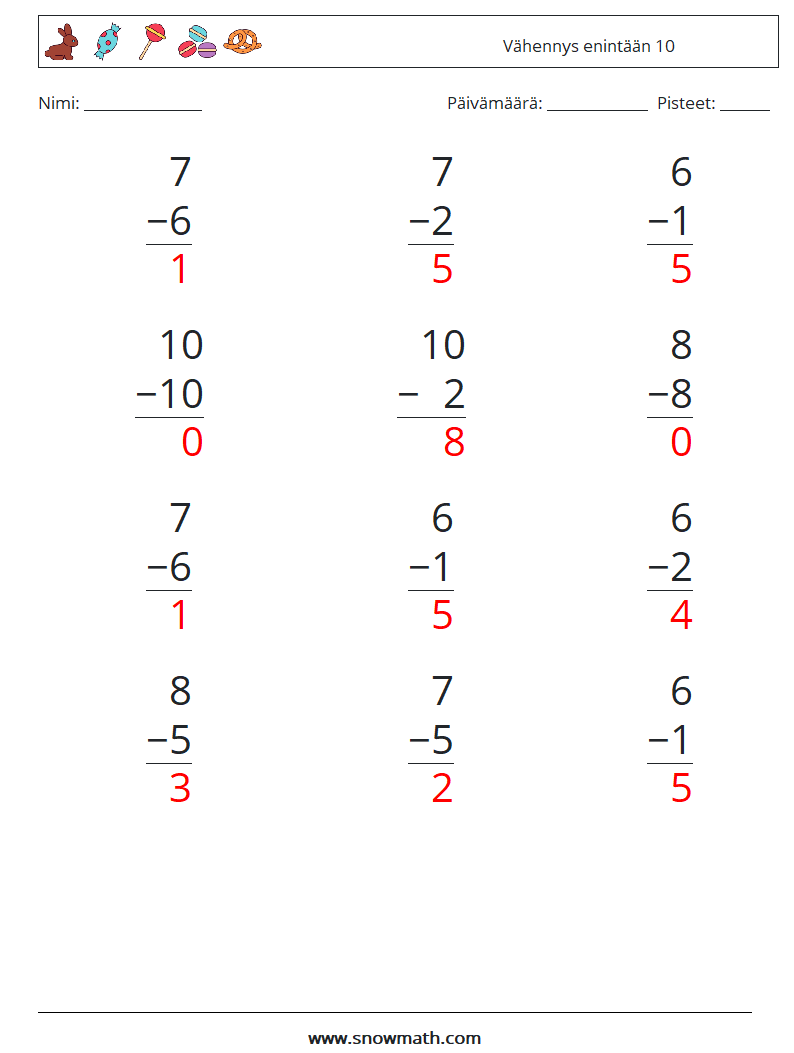 (12) Vähennys enintään 10 Matematiikan laskentataulukot 7 Kysymys, vastaus