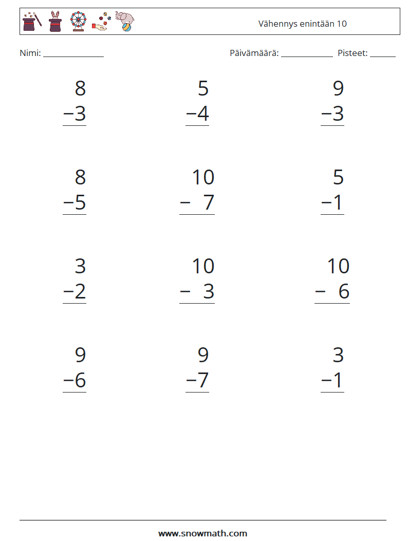 (12) Vähennys enintään 10 Matematiikan laskentataulukot 8