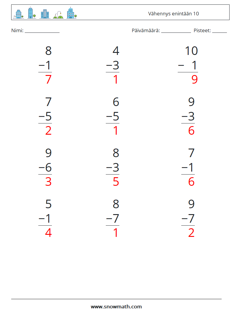 (12) Vähennys enintään 10 Matematiikan laskentataulukot 9 Kysymys, vastaus