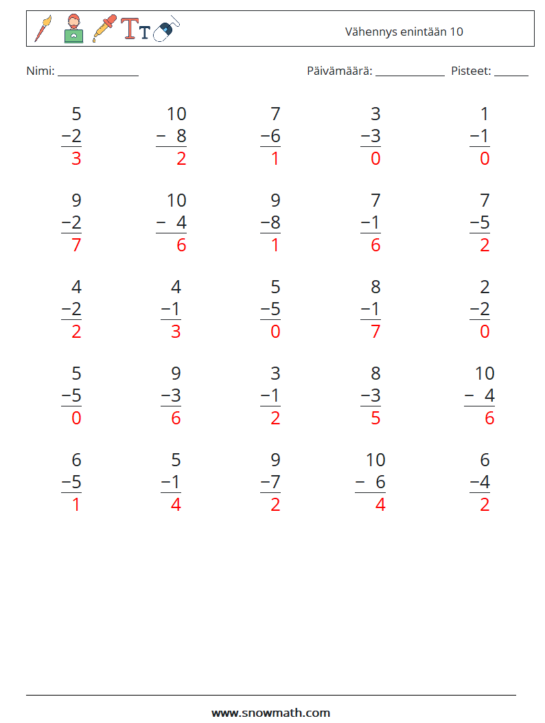 (25) Vähennys enintään 10 Matematiikan laskentataulukot 1 Kysymys, vastaus