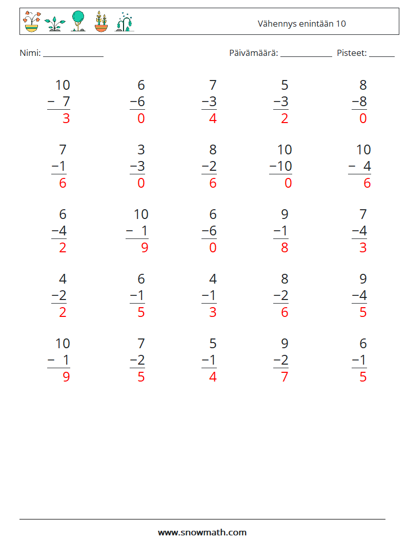 (25) Vähennys enintään 10 Matematiikan laskentataulukot 2 Kysymys, vastaus