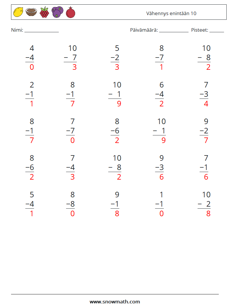 (25) Vähennys enintään 10 Matematiikan laskentataulukot 8 Kysymys, vastaus