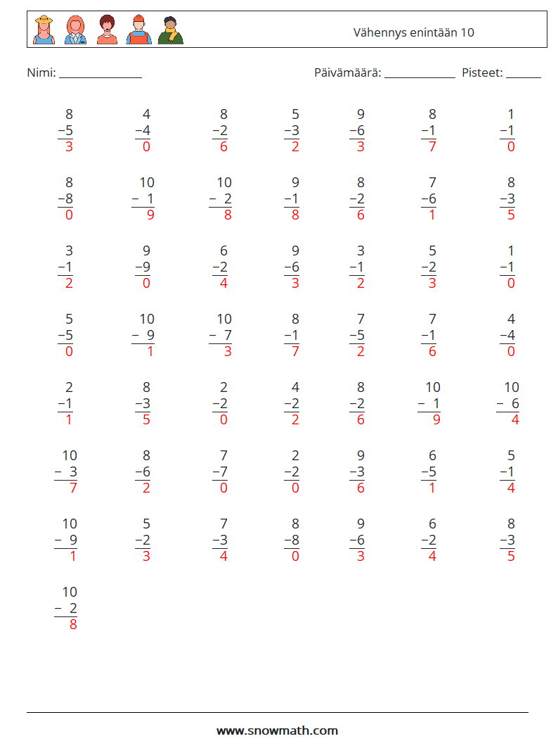 (50) Vähennys enintään 10 Matematiikan laskentataulukot 1 Kysymys, vastaus