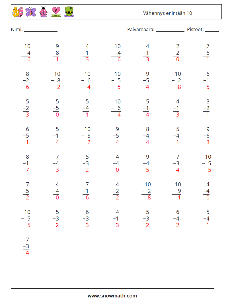 (50) Vähennys enintään 10 Matematiikan laskentataulukot 2 Kysymys, vastaus