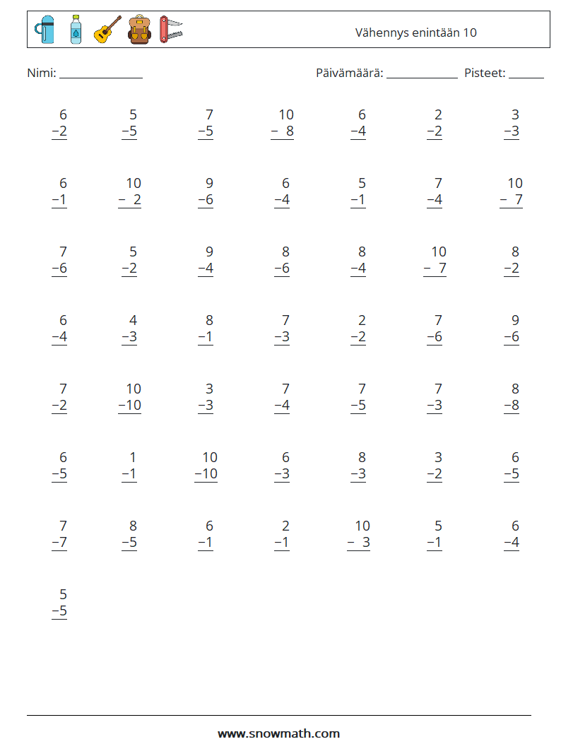 (50) Vähennys enintään 10 Matematiikan laskentataulukot 4