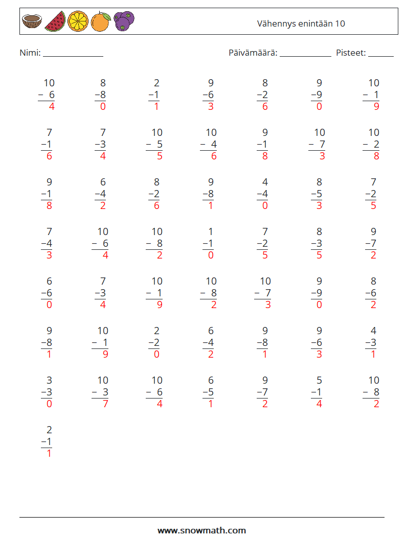 (50) Vähennys enintään 10 Matematiikan laskentataulukot 7 Kysymys, vastaus