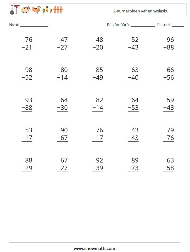 (25) 2-numeroinen vähennyslasku