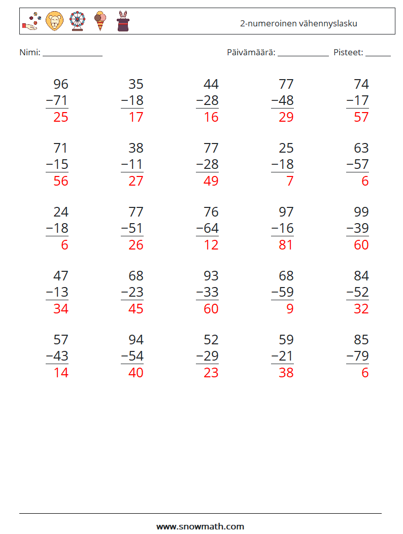 (25) 2-numeroinen vähennyslasku Matematiikan laskentataulukot 10 Kysymys, vastaus