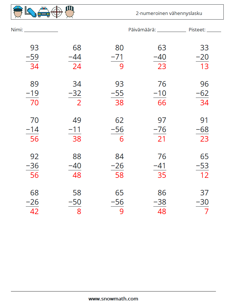 (25) 2-numeroinen vähennyslasku Matematiikan laskentataulukot 13 Kysymys, vastaus