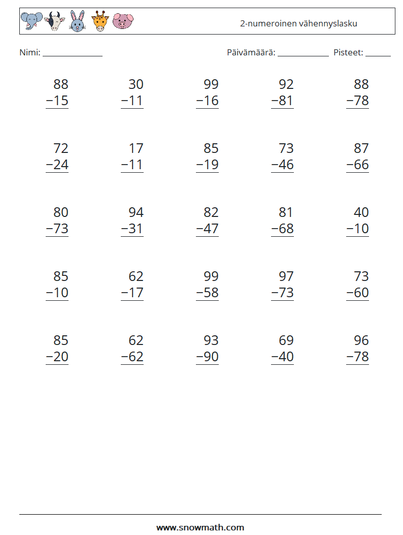 (25) 2-numeroinen vähennyslasku Matematiikan laskentataulukot 15