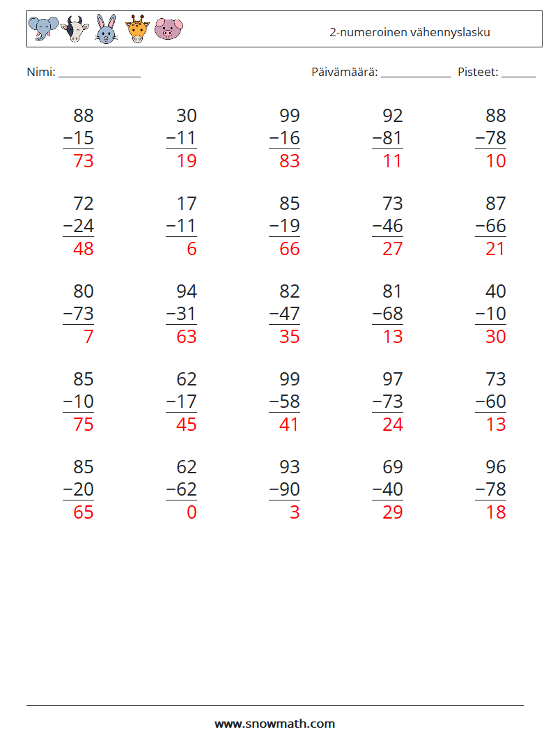 (25) 2-numeroinen vähennyslasku Matematiikan laskentataulukot 15 Kysymys, vastaus