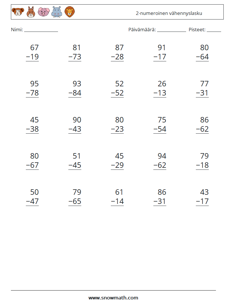 (25) 2-numeroinen vähennyslasku Matematiikan laskentataulukot 17