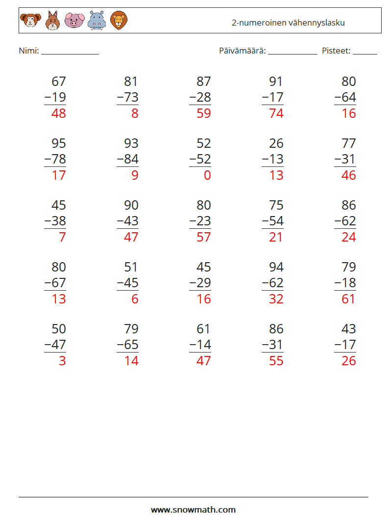 (25) 2-numeroinen vähennyslasku Matematiikan laskentataulukot 17 Kysymys, vastaus