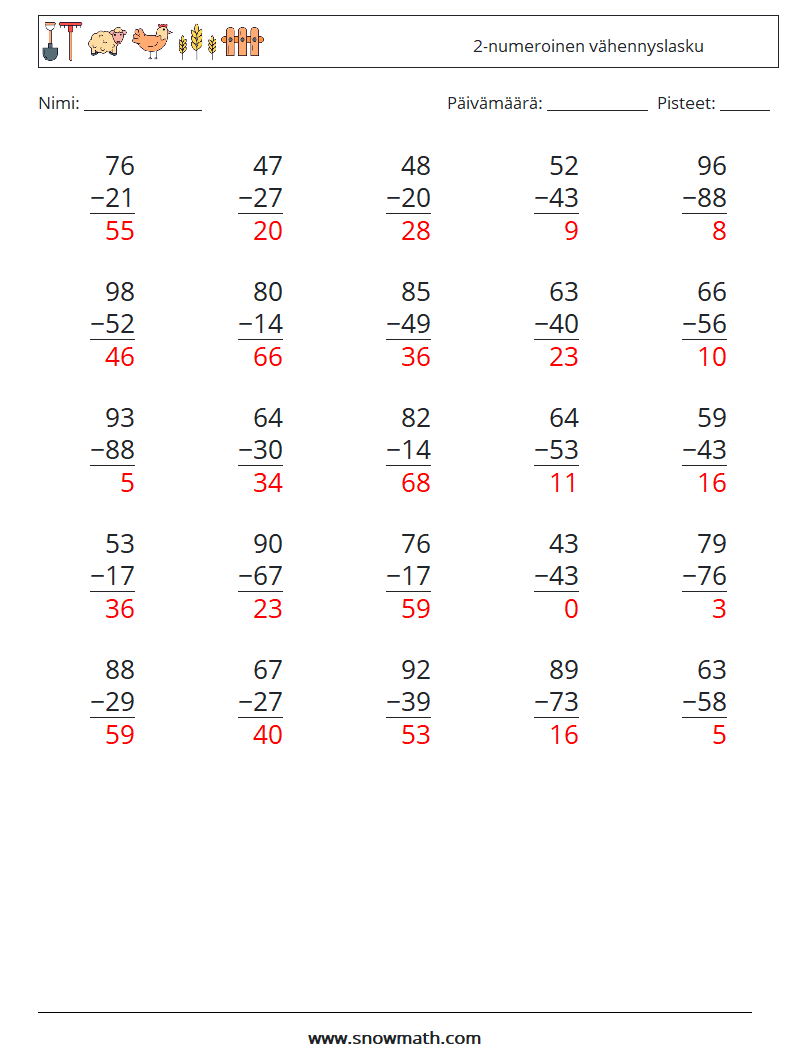 (25) 2-numeroinen vähennyslasku Matematiikan laskentataulukot 1 Kysymys, vastaus