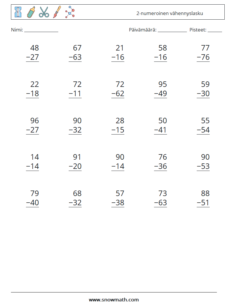 (25) 2-numeroinen vähennyslasku Matematiikan laskentataulukot 5