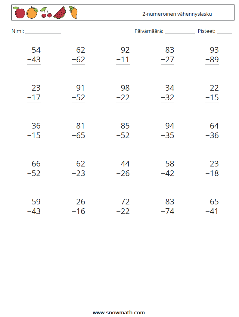 (25) 2-numeroinen vähennyslasku Matematiikan laskentataulukot 7