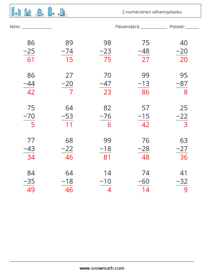 (25) 2-numeroinen vähennyslasku Matematiikan laskentataulukot 8 Kysymys, vastaus