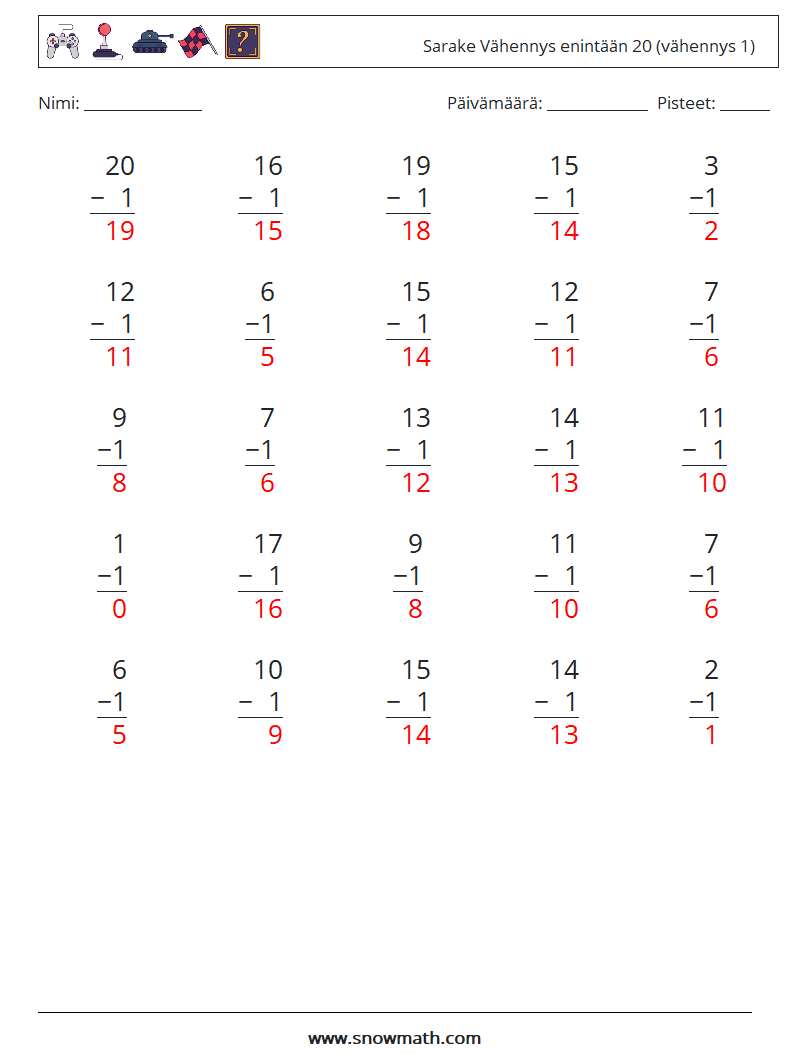 (25) Sarake Vähennys enintään 20 (vähennys 1) Matematiikan laskentataulukot 11 Kysymys, vastaus