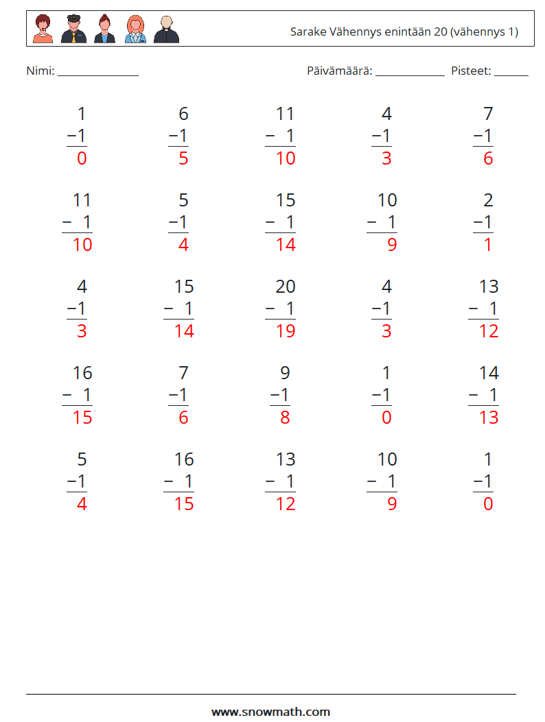 (25) Sarake Vähennys enintään 20 (vähennys 1) Matematiikan laskentataulukot 14 Kysymys, vastaus