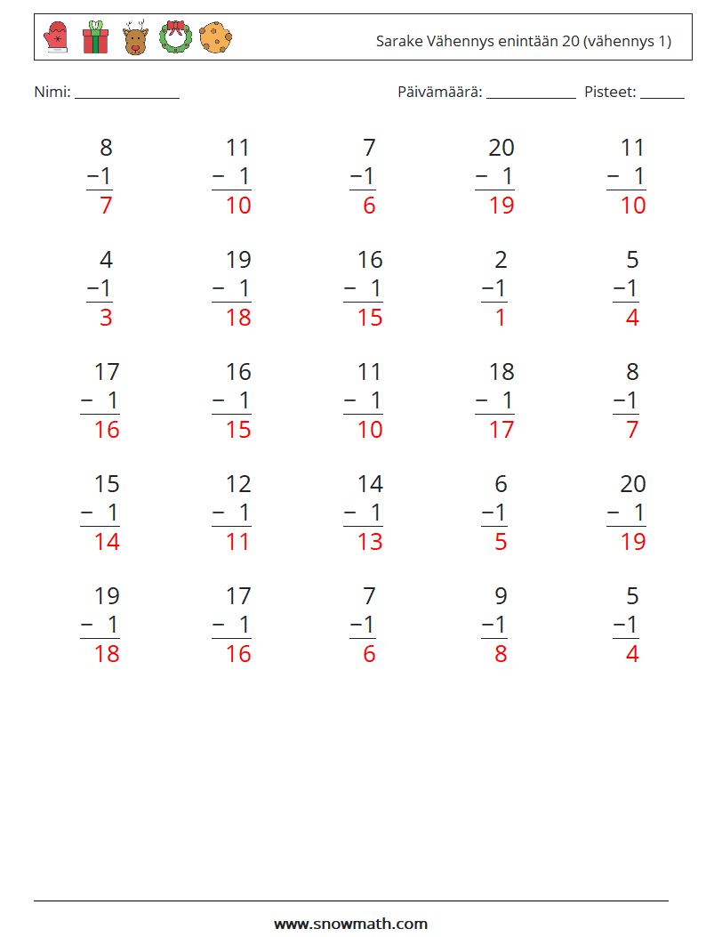 (25) Sarake Vähennys enintään 20 (vähennys 1) Matematiikan laskentataulukot 15 Kysymys, vastaus