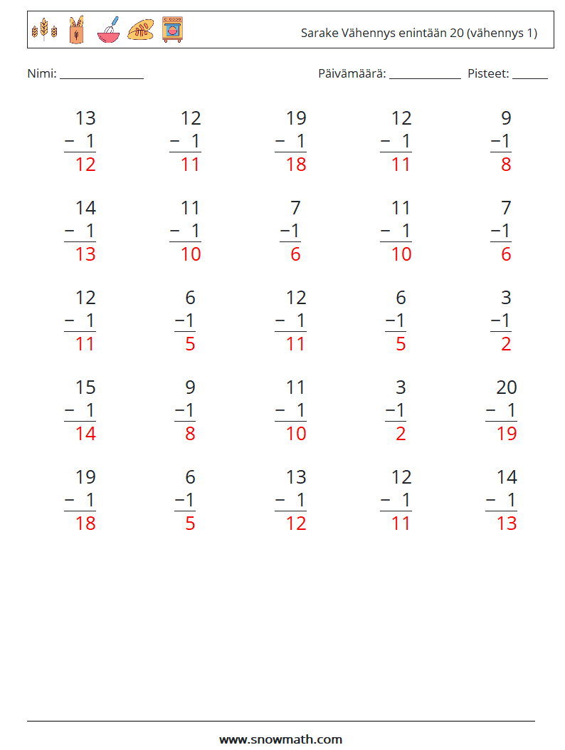 (25) Sarake Vähennys enintään 20 (vähennys 1) Matematiikan laskentataulukot 18 Kysymys, vastaus