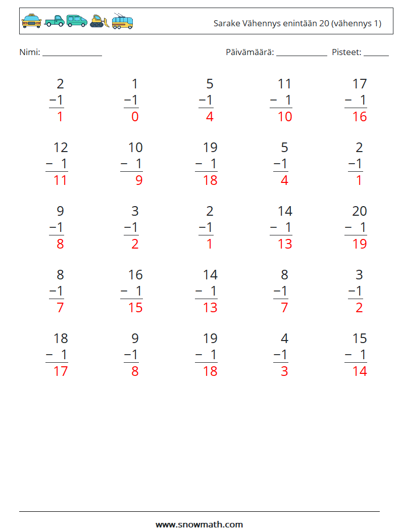 (25) Sarake Vähennys enintään 20 (vähennys 1) Matematiikan laskentataulukot 1 Kysymys, vastaus