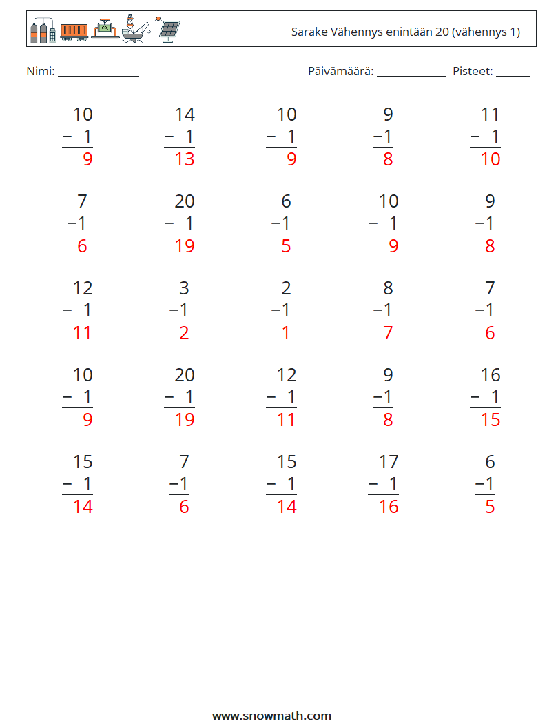 (25) Sarake Vähennys enintään 20 (vähennys 1) Matematiikan laskentataulukot 2 Kysymys, vastaus