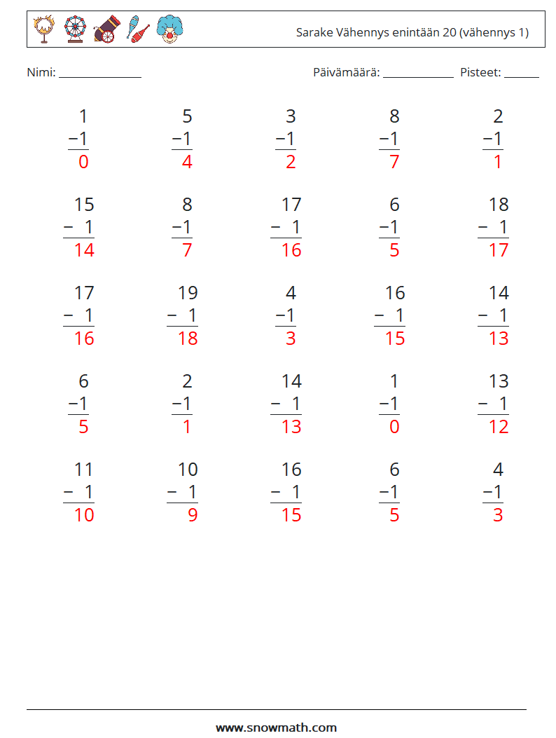 (25) Sarake Vähennys enintään 20 (vähennys 1) Matematiikan laskentataulukot 3 Kysymys, vastaus