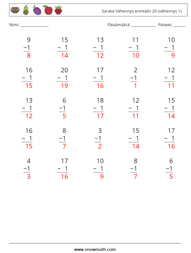 (25) Sarake Vähennys enintään 20 (vähennys 1) Matematiikan laskentataulukot 4 Kysymys, vastaus