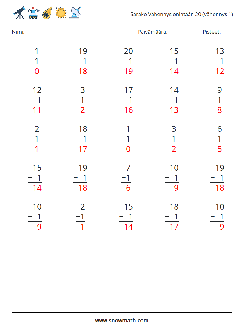 (25) Sarake Vähennys enintään 20 (vähennys 1) Matematiikan laskentataulukot 5 Kysymys, vastaus