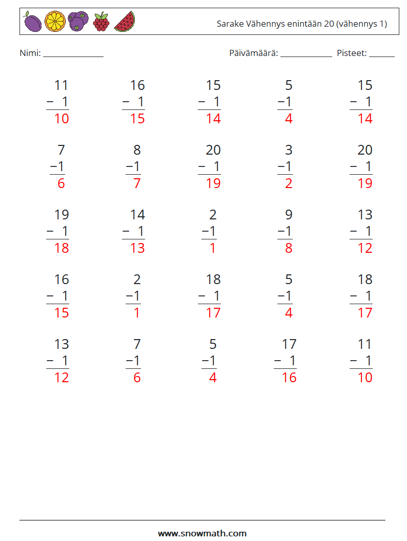 (25) Sarake Vähennys enintään 20 (vähennys 1) Matematiikan laskentataulukot 6 Kysymys, vastaus