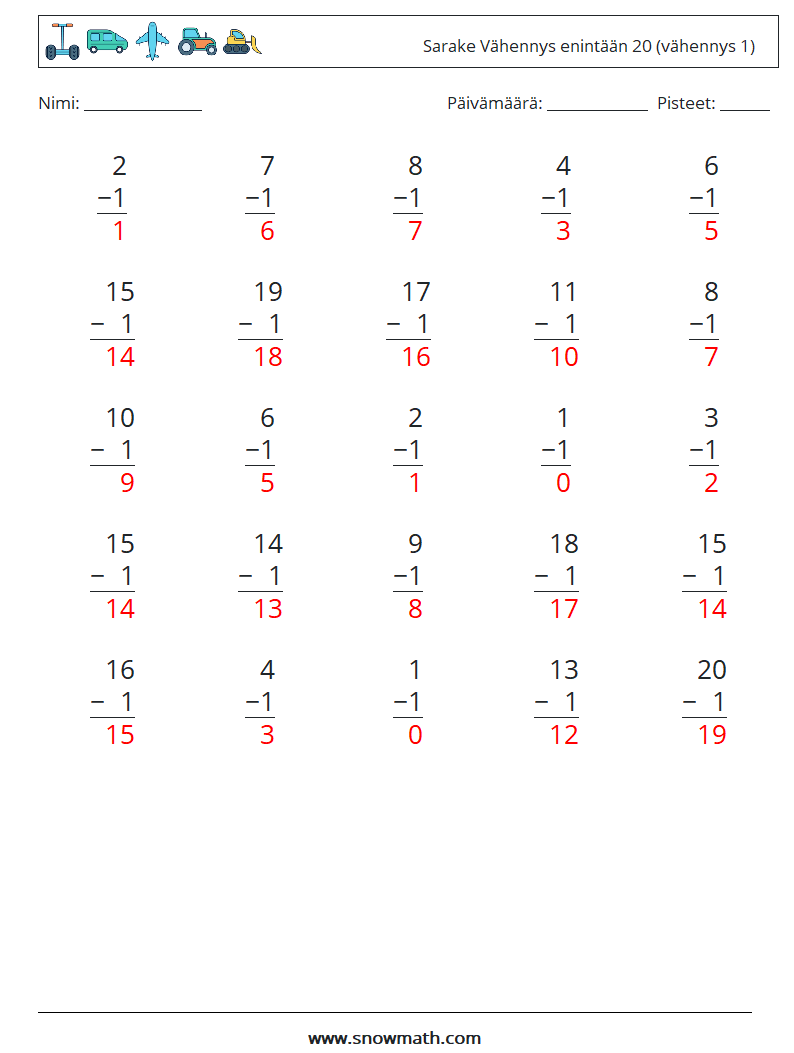 (25) Sarake Vähennys enintään 20 (vähennys 1) Matematiikan laskentataulukot 7 Kysymys, vastaus